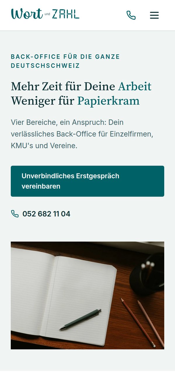 Startseite von wortundzahl.ch auf dem Handy